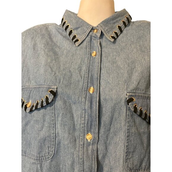 Vintage 80s Clodia Dee WhipStitch Denim Top LRG Long SLV Shoulder Pads Women NWT - Picture 3 of 11